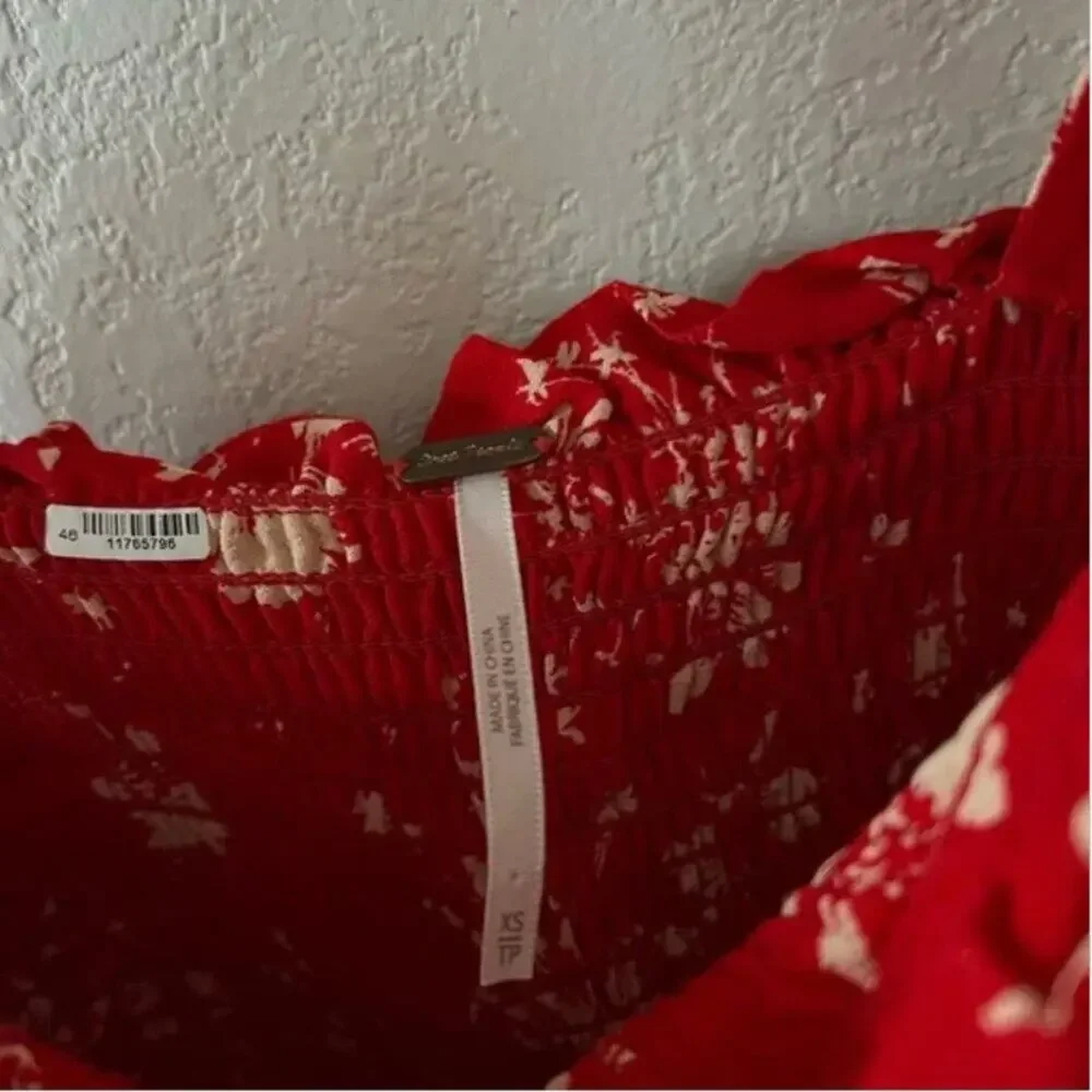 Free People Color My World Smocked Red Floral Wide Leg Jumpsuit